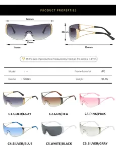 Detailed size guide for Y2K rimless sports sunglasses with PC frame measurements