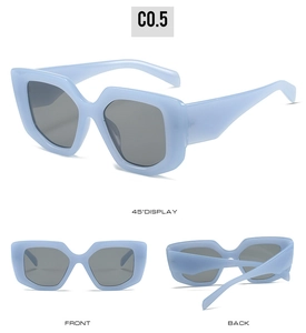 Front, back, and 45-degree views of square light blue sunglasses with dark lenses