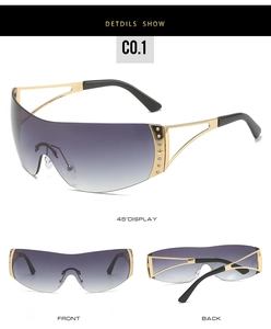 Detail view of Y2K shield sunglasses with purple gradient lenses and rhinestone stars