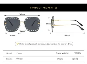 Detailed size chart for rimless metal sunglasses with lens width and frame measurements