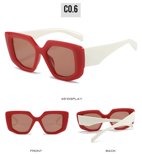 Detail view of square sunglasses showing 45-degree, front, and back angles in red and white