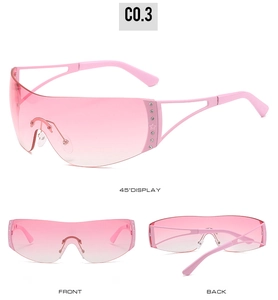 Detailed views of pink rimless Y2K sunglasses featuring rhinestones and star accents