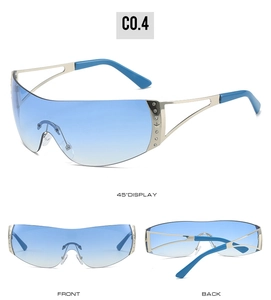 Close-up of Y2K rimless shield sunglasses with blue gradient lenses and rhinestone accents