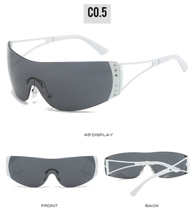 Three-angle view of white Y2K rimless sunglasses with rhinestone star details