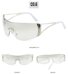 Detailed close-up of Y2K rimless sunglasses with rhinestone accents and white temples