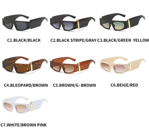 Flat top sunglasses in various colors with wide temples and vertical metal bar accents