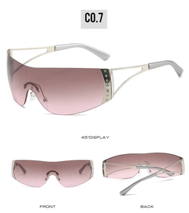 Three angles of Y2K rimless wrap around sunglasses with rhinestones and pink gradient lens