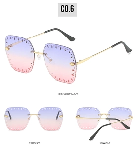 Three-view of rimless gradient sunglasses with gold metal temples and hollow stud details