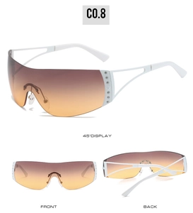 Three perspectives of Y2K rimless wrap sunglasses with rhinestones and star accents