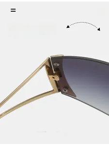 Detail of durable gold metal hinges with a double screw design on rimless Y2K sunglasses