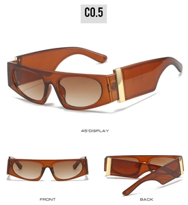 Three-view layout of amber flat top sunglasses with wide temples and gold metal accents
