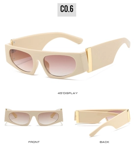 Detailed views of retro thick-frame sunglasses with gold metal hinges and brown lenses