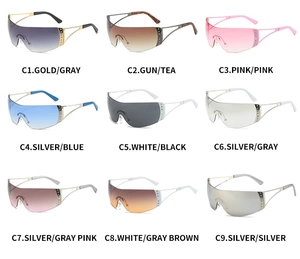 Grid view of nine colored Y2K rimless sports sunglasses with rhinestone metal accents