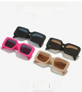 Close-up of rectangular thick frame sunglasses in black, pink, and beige color options