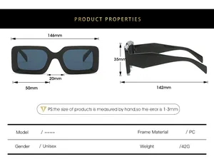 Detailed size chart of square frame sunglasses showing frame and lens dimensions