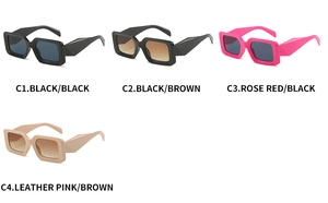 Variety of thick-frame rectangular sunglasses in black, rose red, and leather pink colors