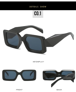 Detailed views of chunky square sunglasses with thick black frames and dark lenses