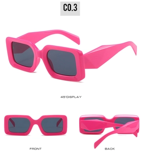 Three-angle views of neon pink square sunglasses with dark lenses and model C0.3 label