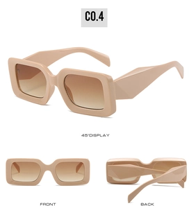 Three-view display of beige square frame sunglasses with brown gradient lenses