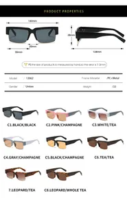 Detailed size chart for unisex square sunglasses showing dimensions and PC metal frame specs