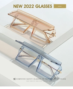 Detail of square oversized computer safety glasses in amber and transparent blue frames