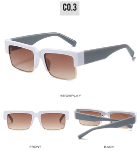 Multiple views of vintage square semi-rimless sunglasses with gold metal and white frame