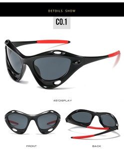 Three-way view of C0.1 sports sunglasses with wrap-around frame and red rubber ear tips
