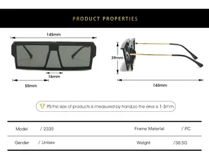 Size guide for unisex square sunglasses showing frame width, lens height, and arm length