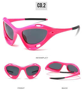 Three-way view of pink Y2K sports sunglasses showing front, back, and 45-degree angles