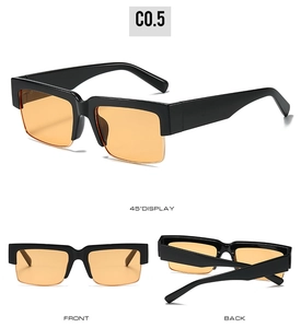 Three-view layout of retro square sunglasses with thick black frames and orange lenses