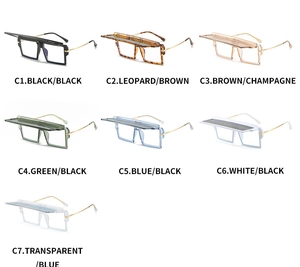Collage of fashion oversized flip-up sunglasses in seven colors with gold metal temples