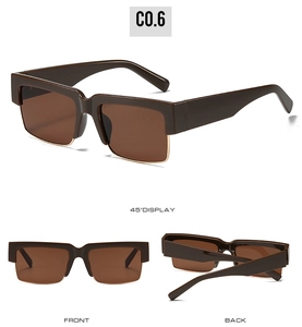 Detailed multi-angle view of brown rectangular sunglasses with gold wire trim detailing