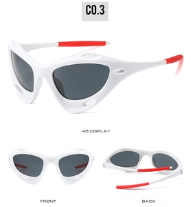 White streamline sports sunglasses with gray lenses shown in front, side, and back views