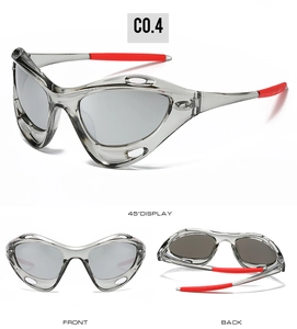 Three-way view of gray Y2K cycling sunglasses with red anti-slip temple tips
