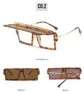 Detailed views of tortoise shell flip-up sunglasses with gold metal temples and modern design