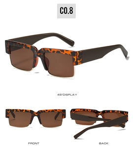 Three-angle view of vintage leopard square sunglasses with gold metal frame accents