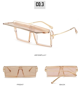 Detailed multi-angle views of flip-up sunglasses with square metal frame and brown lenses