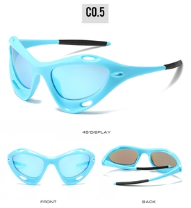 Three-angle view of blue mirrored lenses and black frame on Y2K sports sunglasses
