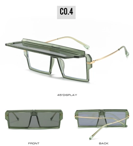 Translucent green oversized rectangular sunglasses with flip-up design and gold metal temples