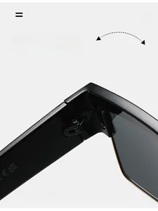 Close-up of square sunglasses hinge with CE and UK CA certification markings