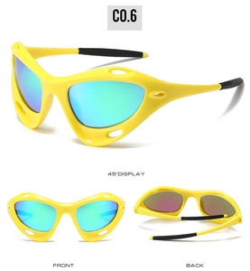 Three-angle view of yellow Y2K sports sunglasses with aerodynamic hollowed frame