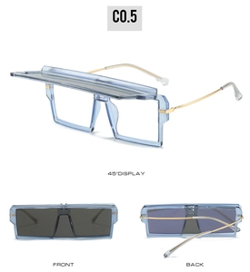 Detailed views of modern blue oversized sunglasses with gold metal temples and visor top