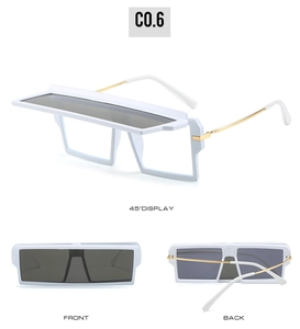 Detailed views of white oversized flip-up sunglasses with dark grey lenses and gold temples