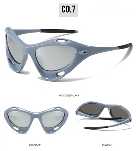 Multi-angle views of grey Y2K wrap-around sports sunglasses with hollow frame design