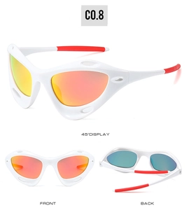 Detailed views of white sports sunglasses with orange lenses and ventilation holes