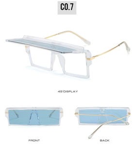 Detailed views of stylish square flip-up sunglasses with light blue lenses and gold arms