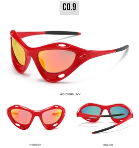 Three-angle display of red Y2K sports sunglasses with polarized red-orange lenses
