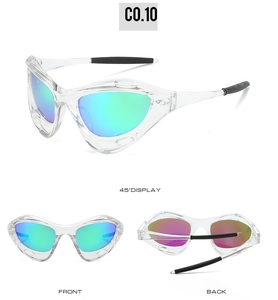 Detailed views of transparent sports sunglasses with colorful iridescent mirrored lenses