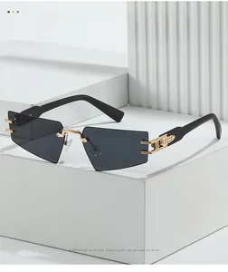 Detail showing frameless geometric grey lenses with gold metal hinges on a white stand