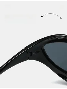Close-up of a durable textured hinge on high-gloss Y2K black sports sunglasses